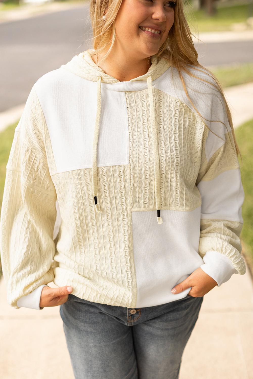 Beige Textured Patchwork Exposed Seam Plus Size Hoodie - Toi ‘n’ Moi Ltd