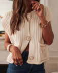White Solid Textured Knit Side Pockets Buttoned Sweater Vest