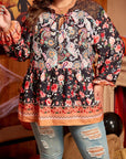 Black Plus Size Paisley Floral Print V Neck Bubble Sleeve Blouse - Toi ‘n’ Moi Ltd