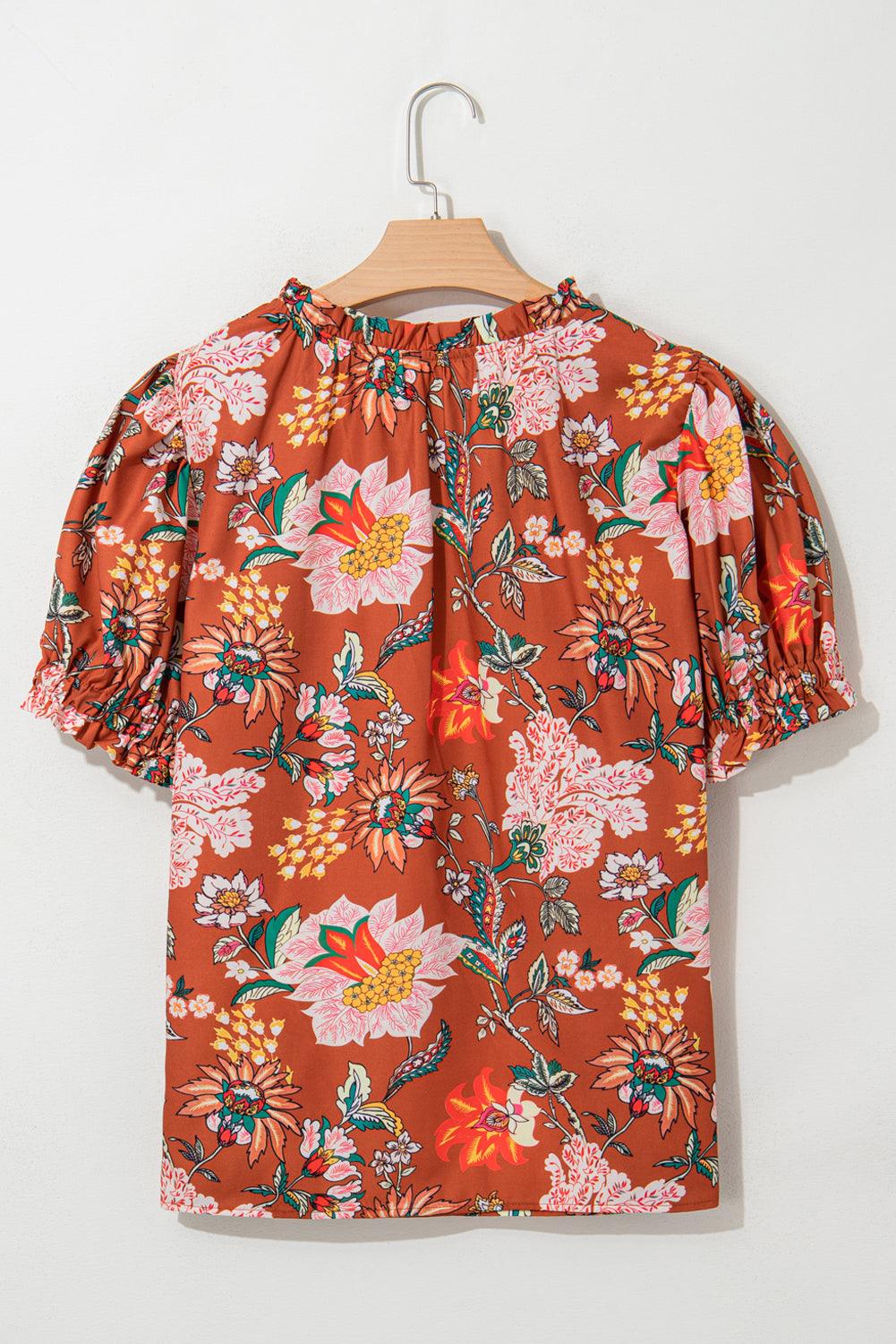 Brown Floral Stitched V Neck Frilled Trim Puff Short Sleeve Blouse - Toi ‘n’ Moi Ltd