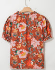 Brown Floral Stitched V Neck Frilled Trim Puff Short Sleeve Blouse - Toi ‘n’ Moi Ltd