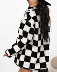 Black Checkered Side Pockets Collared Buttoned Fleece Jacket - Toi ‘n’ Moi Ltd