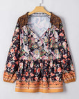Black Plus Size Paisley Floral Print V Neck Bubble Sleeve Blouse - Toi ‘n’ Moi Ltd
