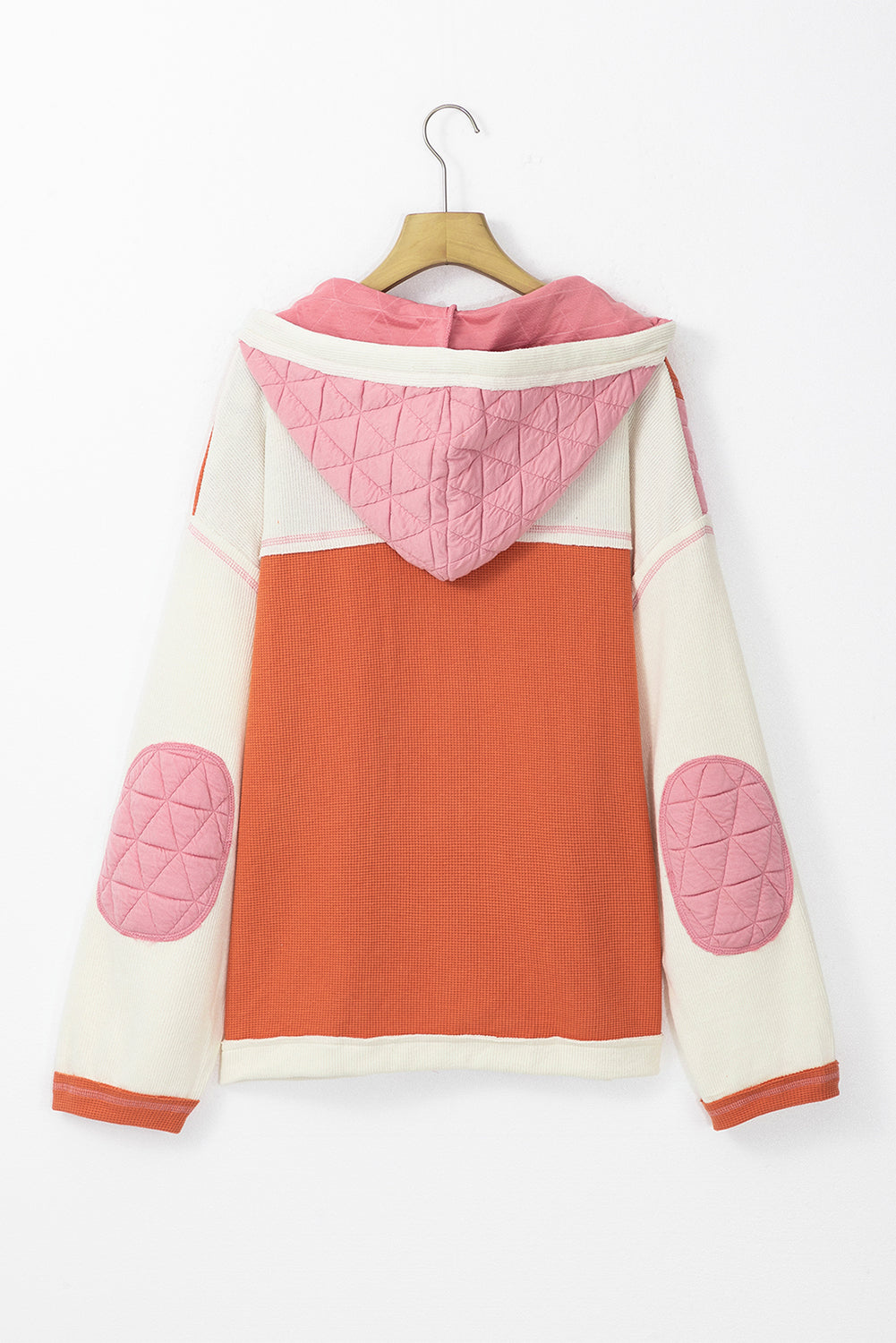 Veste à capuche ample en patchwork texturé matelassé corail