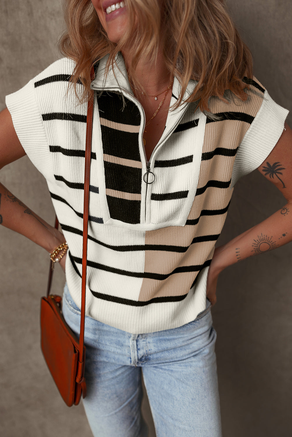 Black Stripe Colorblock Quarter Zip Collar Sweater Vest - Toi ‘n’ Moi Ltd