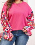Bright Pink Floral Patchwork Flounce Sleeve Rib Knit Plus Top - Toi ‘n’ Moi Ltd
