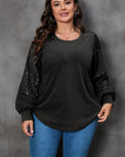 Black Plus Size Sequin Patchwork Crew Neck Long Sleeve Top - Toi ‘n’ Moi Ltd