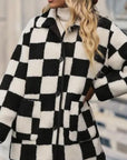 Black Checkered Side Pockets Collared Buttoned Fleece Jacket - Toi ‘n’ Moi Ltd