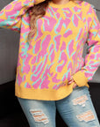 Bright Pink Plus Size Leopard Ribbed Trim Sweater - Toi ‘n’ Moi Ltd