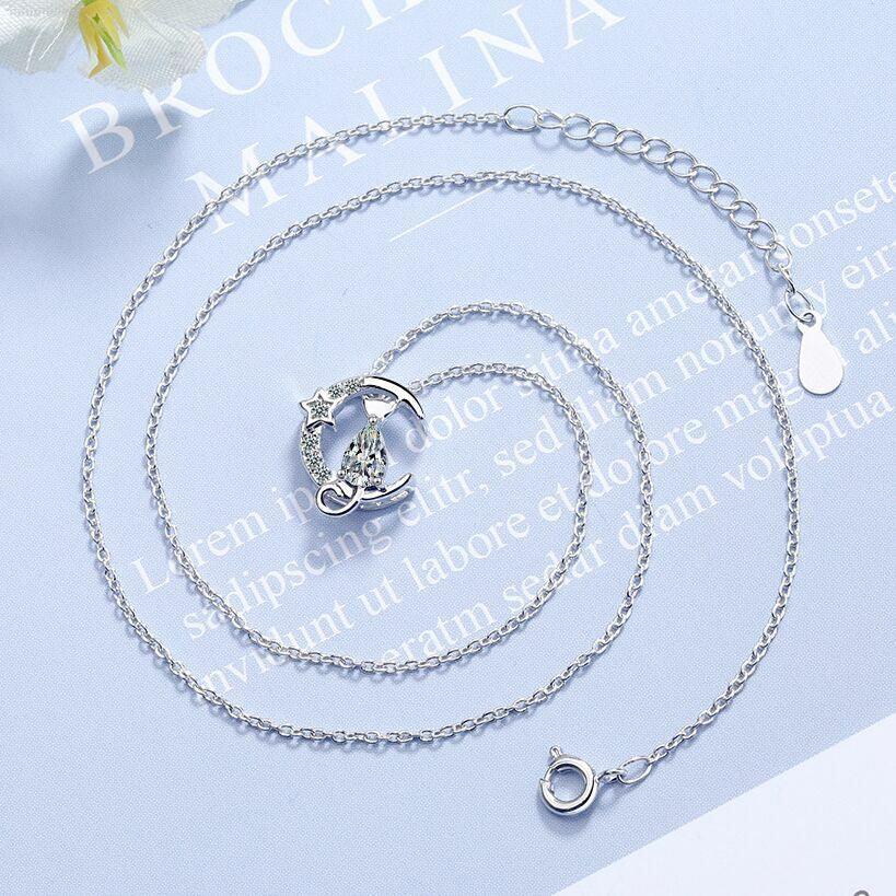 Women Crystal Moon Cat Pendant Chain Necklace 925 Sterling Silver Jewellery UK - Toi ‘n’ Moi Ltd