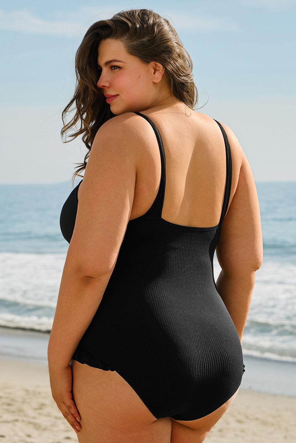 Black Plus Size Textured Knotted Ruffled Trim One Piece Swimwear - Toi ‘n’ Moi Ltd