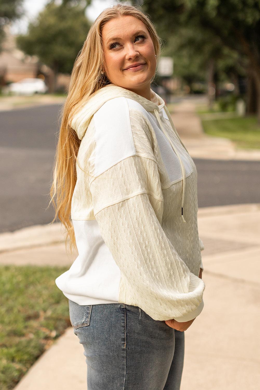 Beige Textured Patchwork Exposed Seam Plus Size Hoodie - Toi ‘n’ Moi Ltd