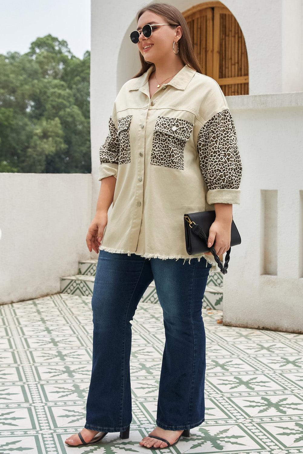 Apricot Plus Size Leopard Sleeve Raw Hem Denim Jacket - Toi ‘n’ Moi Ltd