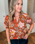 Brown Floral Stitched V Neck Frilled Trim Puff Short Sleeve Blouse - Toi ‘n’ Moi Ltd