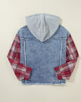 Beau Blue Plaid Print Patchwork Hooded Raw Hem Denim Jacket - Toi ‘n’ Moi Ltd