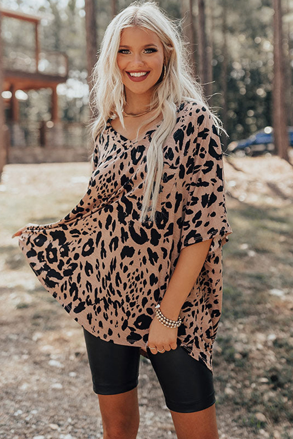 Brown Leopard Print V Neck Half Sleeve Oversized Tee - Toi ‘n’ Moi Ltd