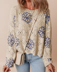 Beige Contrast Flower Print Eyelet Drop Shoulder Sweater - Toi ‘n’ Moi Ltd