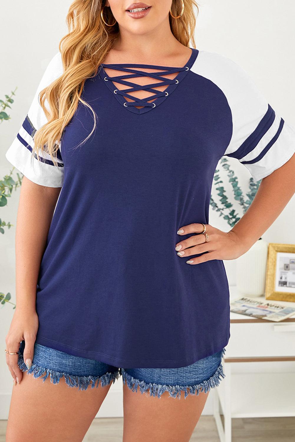 Blue Crisscross V Neck Raglan Sleeve Plus Size Tee - Toi ‘n’ Moi Ltd