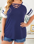 Blue Crisscross V Neck Raglan Sleeve Plus Size Tee - Toi ‘n’ Moi Ltd