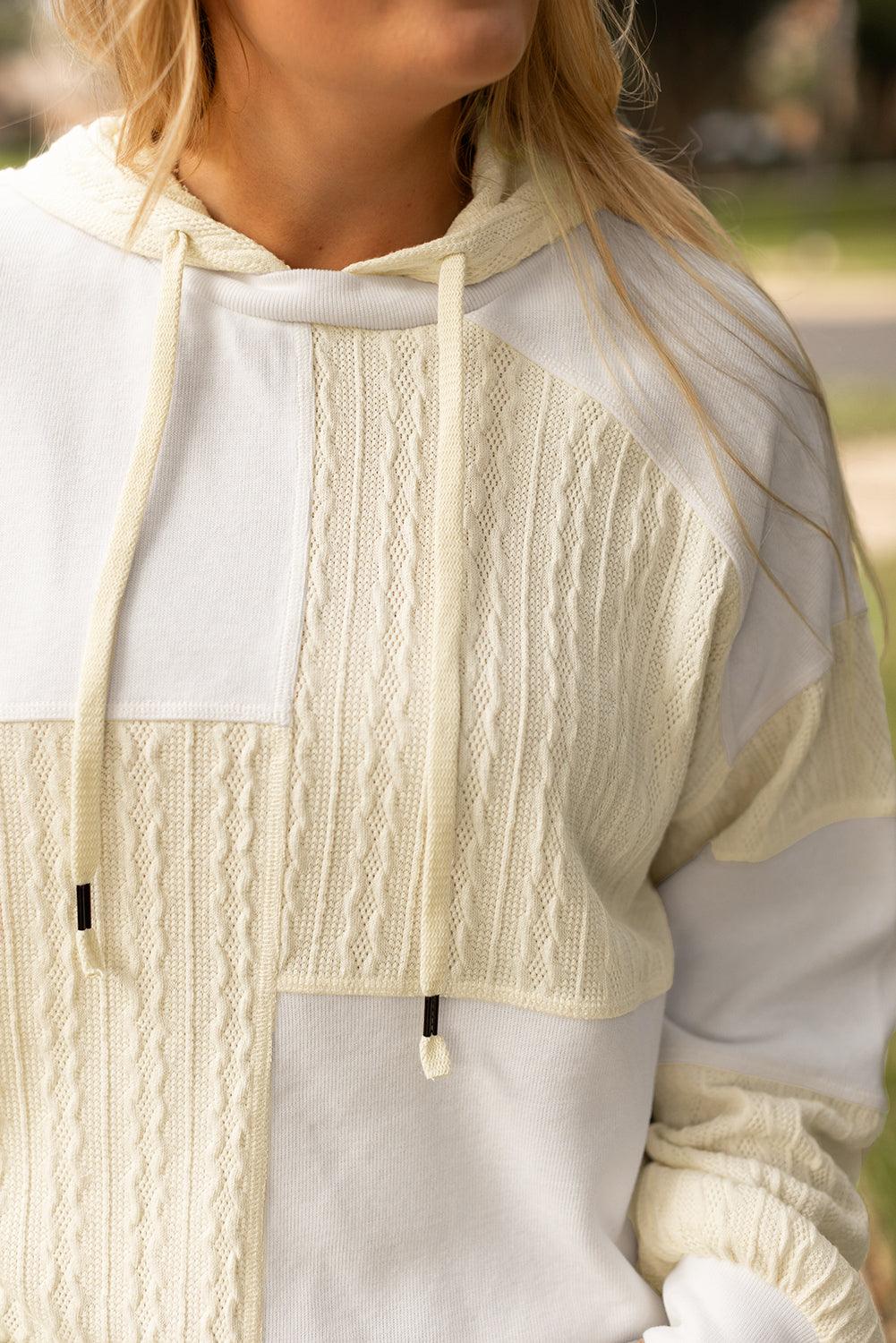 Beige Textured Patchwork Exposed Seam Plus Size Hoodie - Toi ‘n’ Moi Ltd