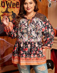 Black Plus Size Paisley Floral Print V Neck Bubble Sleeve Blouse - Toi ‘n’ Moi Ltd