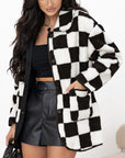 Black Checkered Side Pockets Collared Buttoned Fleece Jacket - Toi ‘n’ Moi Ltd