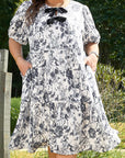 Black Floral Print Bow Detail Puff Sleeve Plus Size Midi Dress - Toi ‘n’ Moi Ltd