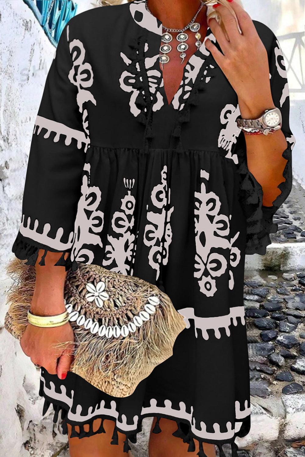 Black Plus Size Western Floral Print Fringed V Neck Dress - Toi ‘n’ Moi Ltd