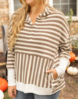 Brown Stripe Quarter Buttons Drop Sleeve Plus Size Hoodie - Toi ‘n’ Moi Ltd