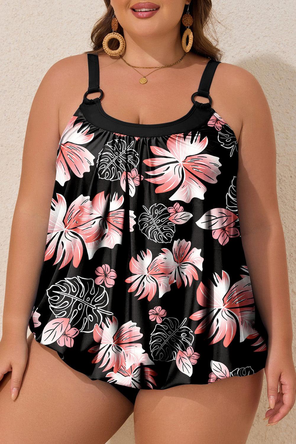 Black 2pcs Plus Size Wide Strap Floral Top Tankini Set - Toi ‘n’ Moi Ltd