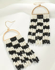 Black Checkered Beaded Tassel Bohemian Hoop Earrings - Toi ‘n’ Moi Ltd