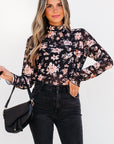 Black Floral Mesh Mock Neck Long Sleeve Slim Fit Top - Toi ‘n’ Moi Ltd