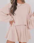 Jet Stream Corded Lantern Sleeve Top High Waist Ruffled Mini Skirt Set