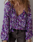 Purple Boho Flower Split V Neck Bubble Sleeve Blouse