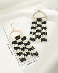Black Checkered Beaded Tassel Bohemian Hoop Earrings - Toi ‘n’ Moi Ltd