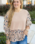 Beige Faux Two Piece Knit Patchwork Floral Print Plus Size Top - Toi ‘n’ Moi Ltd