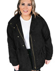 Black Plus Size Button Zipped Corduroy Jacket - Toi ‘n’ Moi Ltd