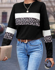 White Leopard Colorblock Patchwork Crew Neck Long Sleeve Tee