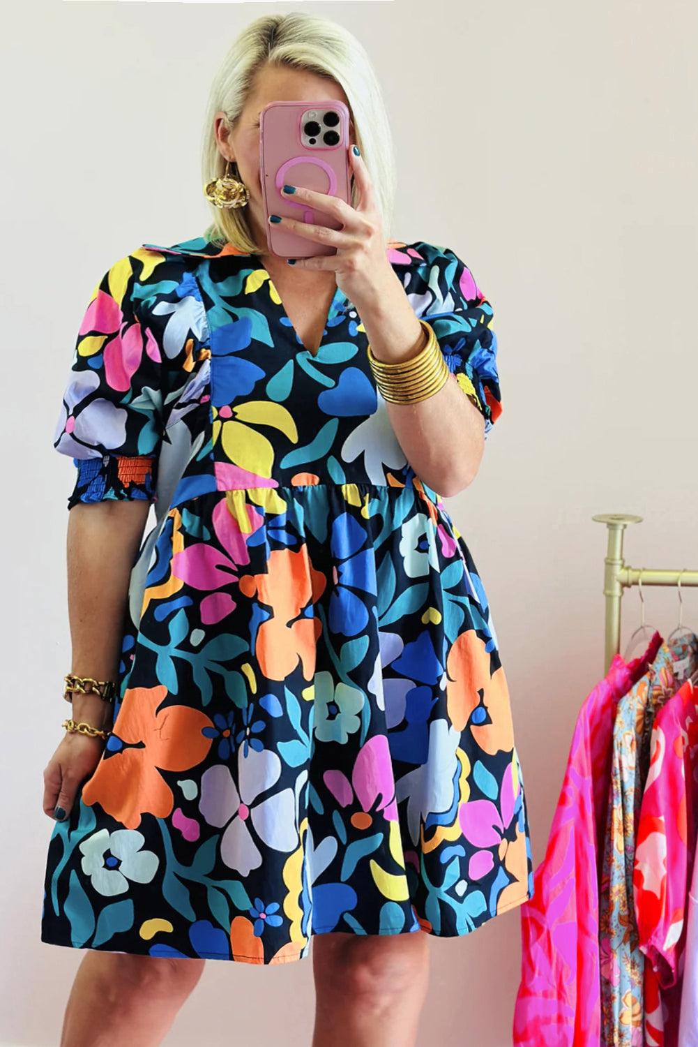 Blue Split Neck Collared Plus Floral Dress - Toi ‘n’ Moi Ltd