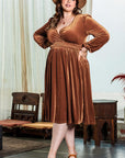 Camel Surplice V Neck Balloon Sleeve Velvet Dress - Toi ‘n’ Moi Ltd