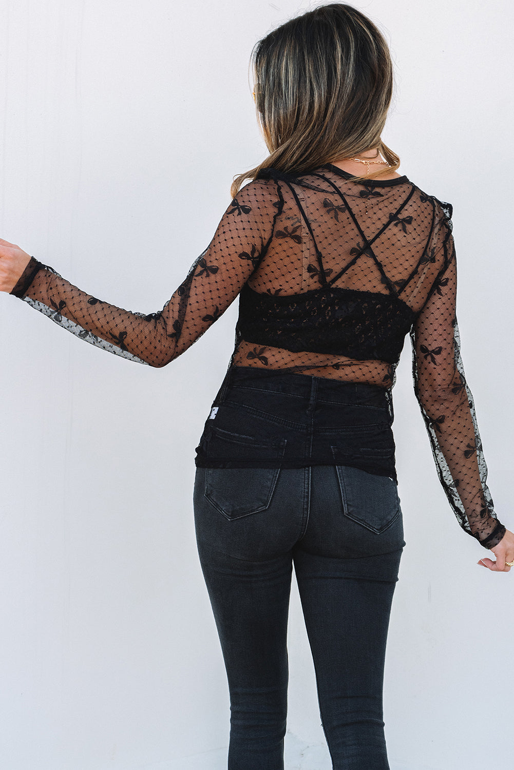 Black Bow Pattern Accent Mesh Long Sleeve Top - Toi ‘n’ Moi Ltd