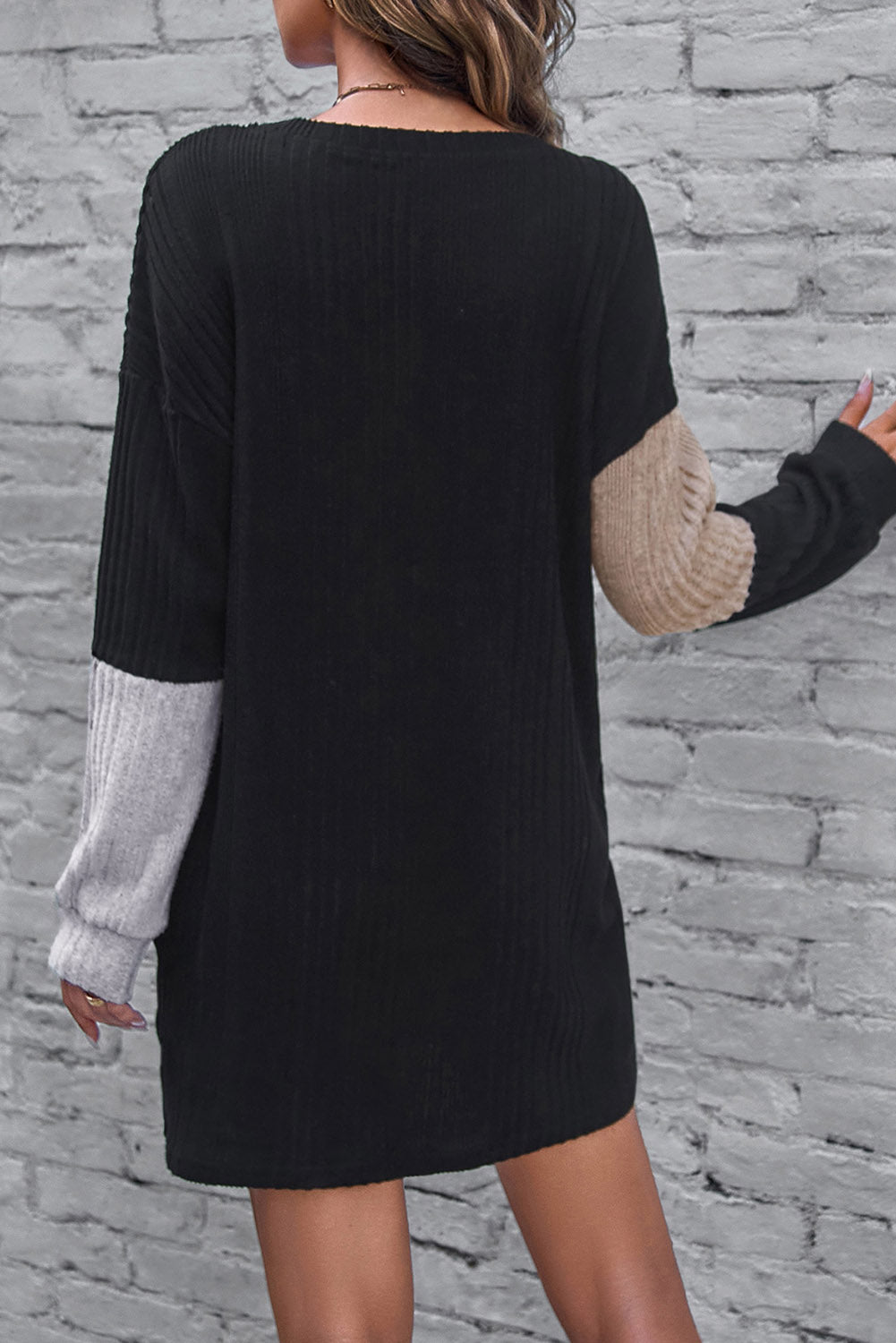 Black Ribbed Color Block Drop Shoulder Long Sleeve Mini Dress - Toi ‘n’ Moi Ltd