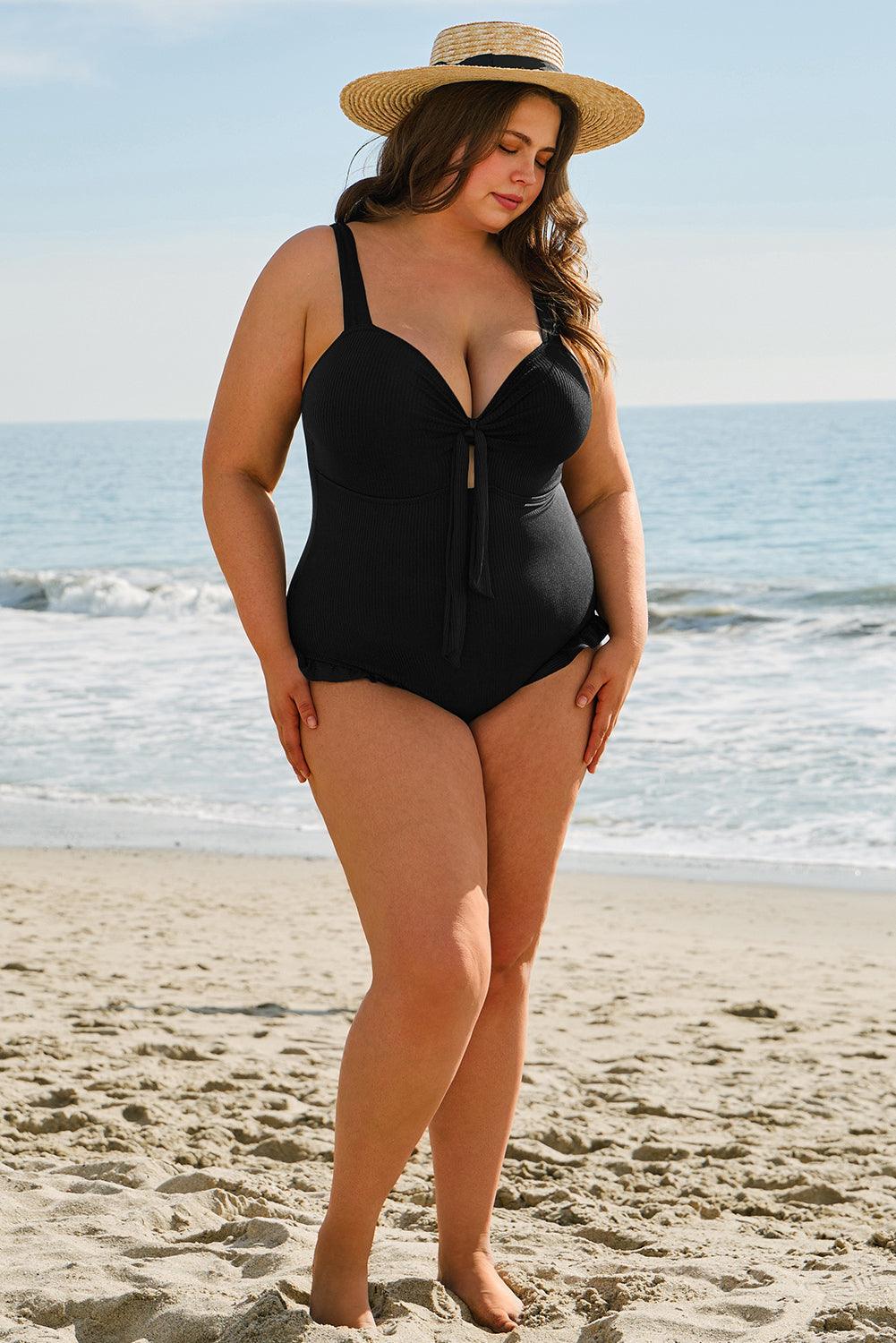 Black Plus Size Textured Knotted Ruffled Trim One Piece Swimwear - Toi ‘n’ Moi Ltd