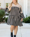 Black Plaid Waffle Knit Patchwork Collared V Neck Plus Size Mini Dress - Toi ‘n’ Moi Ltd