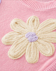 Pull à manches courtes en tricot à fleurs crochetées multicolores rose