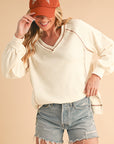 Beige Exposed Seam Crinkle Rib V Neck Pullover Top - Toi ‘n’ Moi Ltd