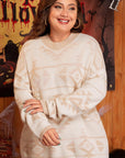 Apricot Plus Size Western Aztec Print Loose Sweater - Toi ‘n’ Moi Ltd
