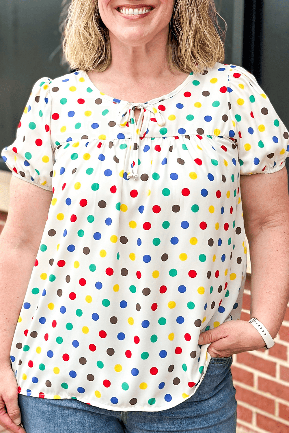 Apricot Plus Size Colorful Polka Dots Tie Neck Puff Sleeve Blouse - Toi ‘n’ Moi Ltd