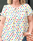 Apricot Plus Size Colorful Polka Dots Tie Neck Puff Sleeve Blouse - Toi ‘n’ Moi Ltd