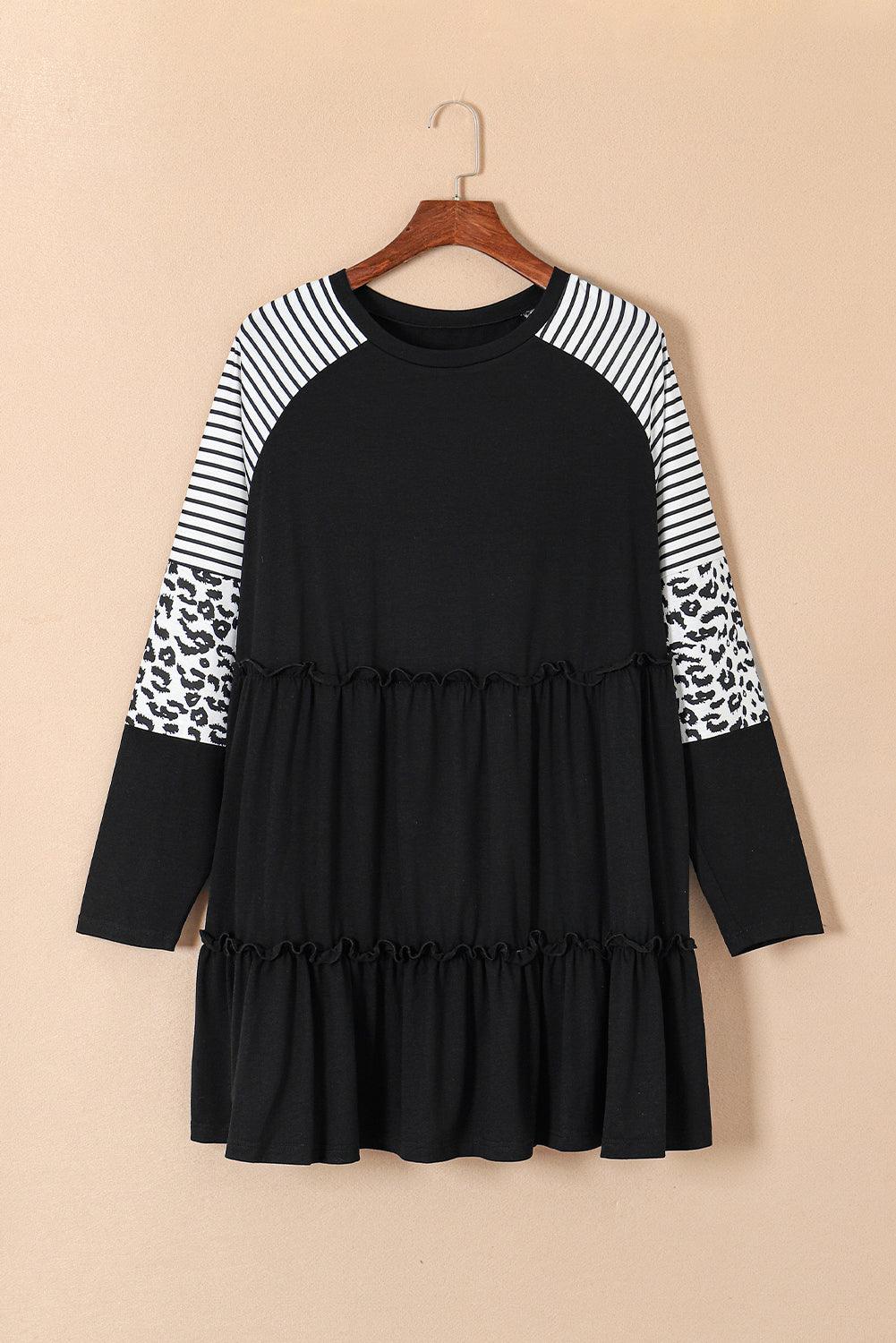 Black Plus Size Striped Leopard Patch Sleeve Ruffle Tiered Dress - Toi ‘n’ Moi Ltd